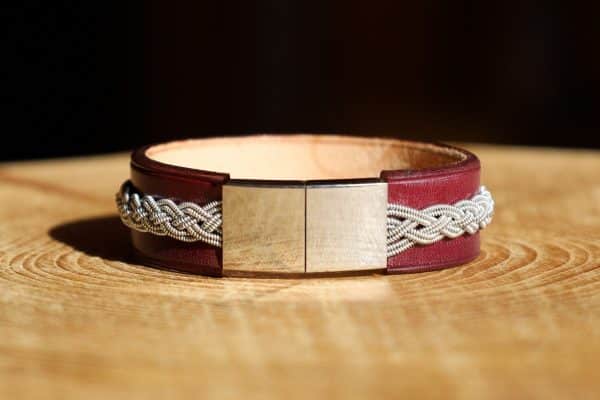 bracelet viking acajou argent, cuir végétal, l'âge du cuir, maroquinerie artisanale, dordogne, france