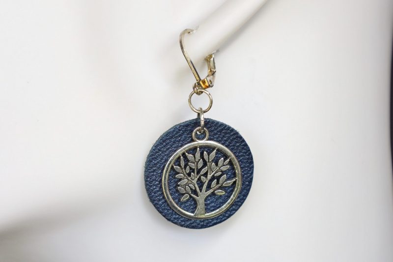 boucle d oreille arbre de vie bleu rond, argent, l'âge du cuir, maroquinerie artisanale éthique et responsable, dordogne, france