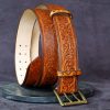 ceinture fleur marron, tannage végétal, l'âge du cuir, maroquinerie artisanale éthique et responsable, Dordogne, France