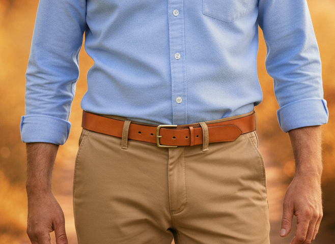 ceinture homme Altair noisette, situation, tannage végétal, l'Âge du Cuir, maroquinerie artisanale éthique et responsable, Dordogne, France